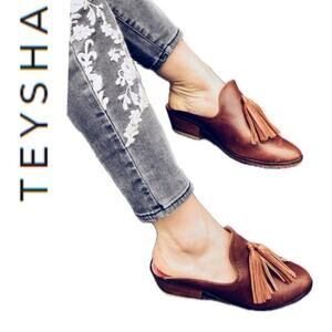 TEYSHA MULES SLIDE ON SHOES BOHEMIAN FRINGE 100% LEATHER/MAYAN TEXTILE Sz 6.5